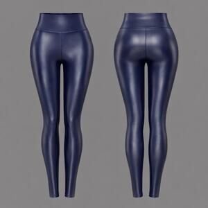 Dark Blue Faux Leather Leggings High Waist Fleece Lined Tummy Control Size Large